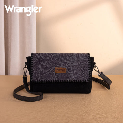 Wrangler Vintage Floral Printed Crossbody Bag with Small Pouch- Black