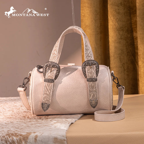 Montana West Western Tooled Buckle Collection Mini Barrel Crossbody Bag -Beige