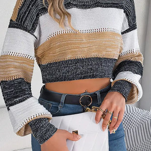 Striped Knit Puff Crop Sweater Top