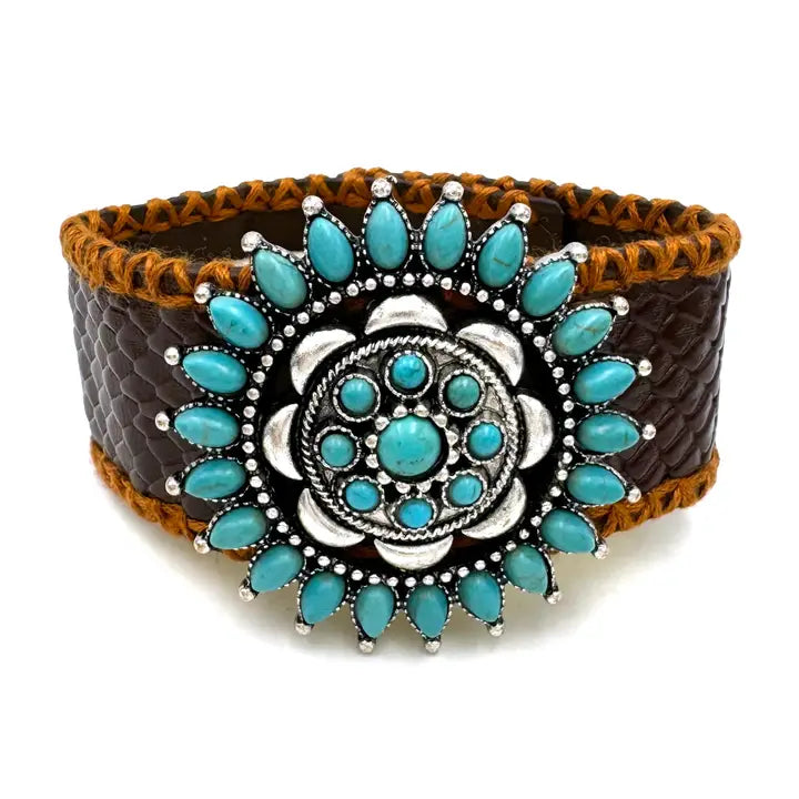 Turquoise Flower Concho Pu Leather Bracelet Band