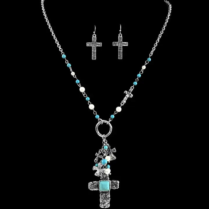 Long Turquoise Charms Cross Necklace Earring Set