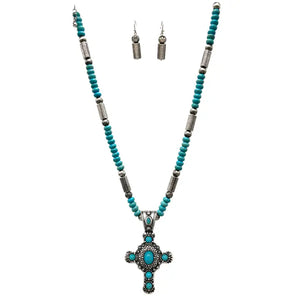 Turquoise Cross Navajo Bead Western Necklace Earrings Set