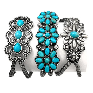 Navajo Turquoise Cabochon Flower 3 Piece Stretch Bracelet