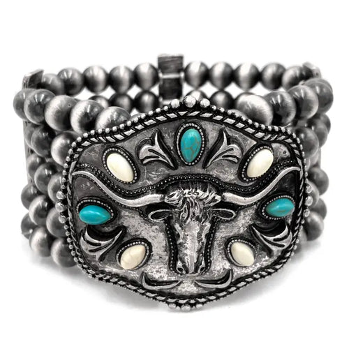 Metal Longhorn Western Trophy Buckle Chunky Beaded Bracelet