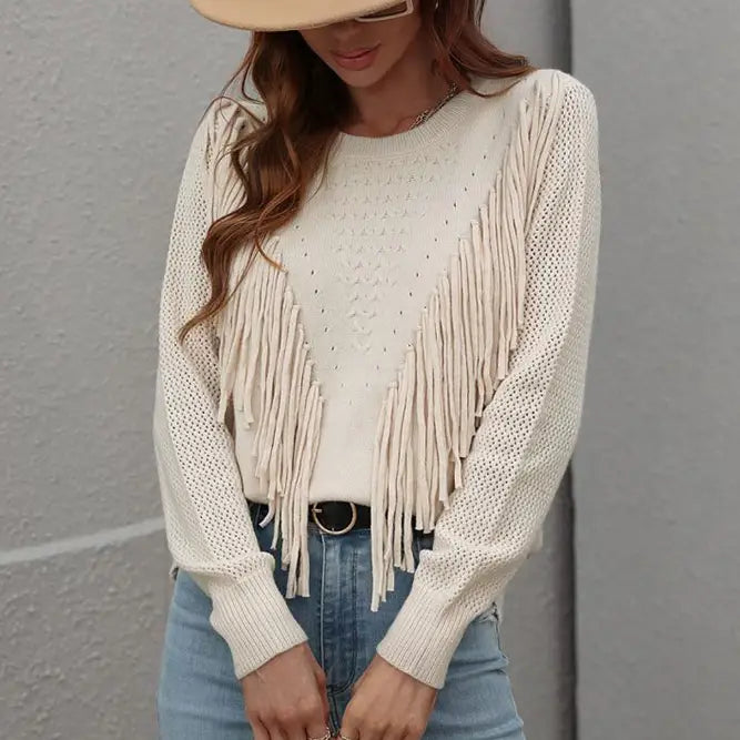 Hollow Out Sleeve Tassle Knit Sweater