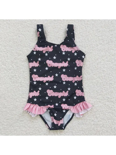 Kid's Western Cowgirl Bathing Suit- Black/Pink