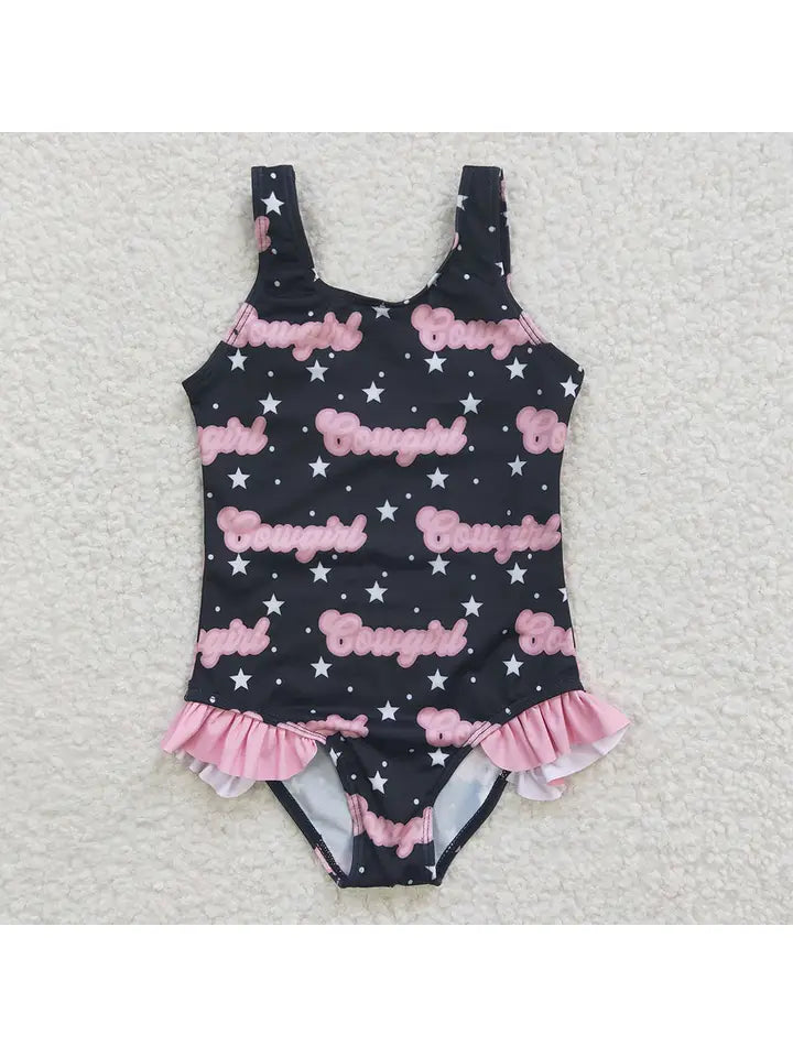 Kid's Western Cowgirl Bathing Suit- Black/Pink