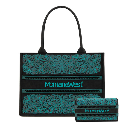 Montana West Embroidered Collection Concealed Carry Tote Wallet Set -Black
