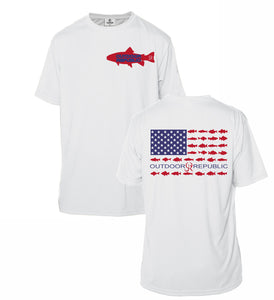 Red, White, and Blue Fish Short Sleeve UPF 50 Performance Shirt