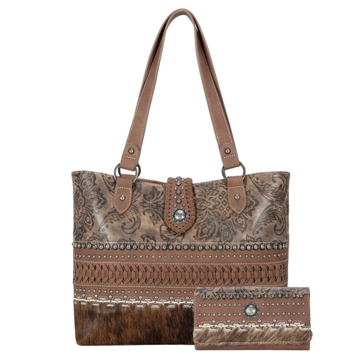 Trinity Ranch Hair On Cowhide Collection Concealed Carry Tote Wallet Set -Brown