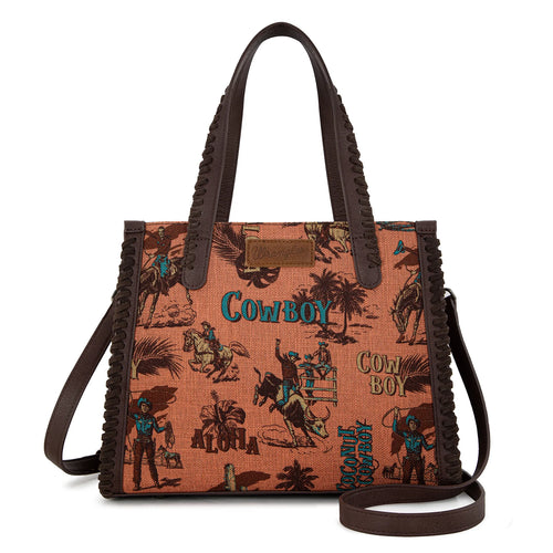 Wrangler Vintage Retro Cowboy Cool Print Concealed Carry Satchel/Crossbody-Dark Brown