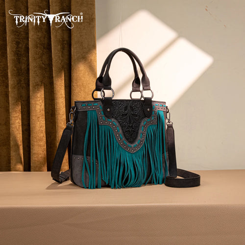 Trinity Ranch Floral Tooled Fringe Tote/Crossbody - Black