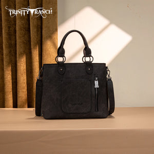 Trinity Ranch Floral Tooled Fringe Tote/Crossbody - Black