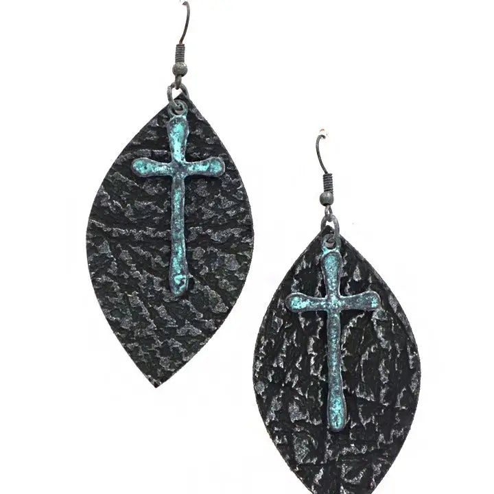 Leaf Shape Leather Earrings with Cross Charm