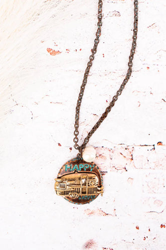Silvertone and Coppertone Happy Camper Necklace