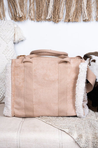 Aspen Adventure Sherpa Trimmed Beige Faux Suede Tote Bag