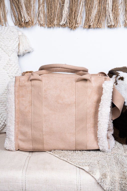 Aspen Adventure Sherpa Trimmed Beige Faux Suede Tote Bag