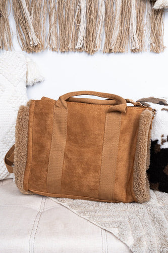Aspen Adventure Sherpa Trimmed Brown Faux Suede Tote Bag