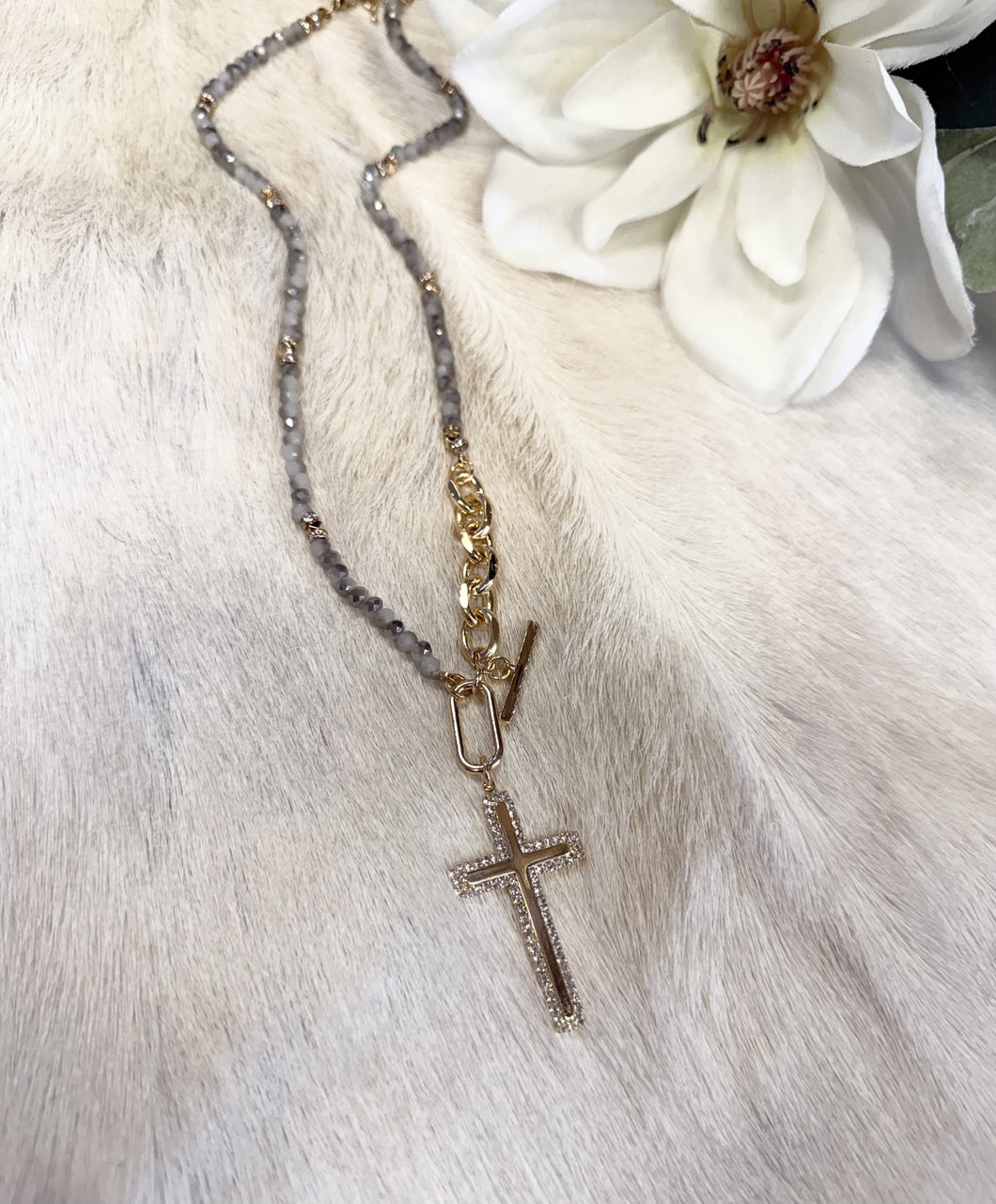 Crystal Avenue Faithful Living Gray Beaded Cross Necklace