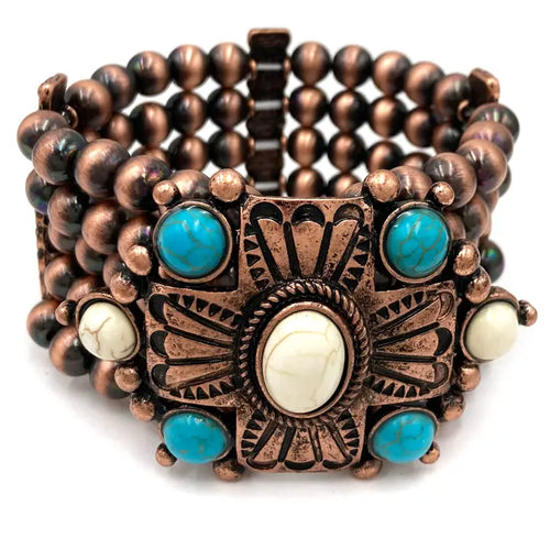 Metal Square Western Trophy Buckle Chunky Beaded Bracelet