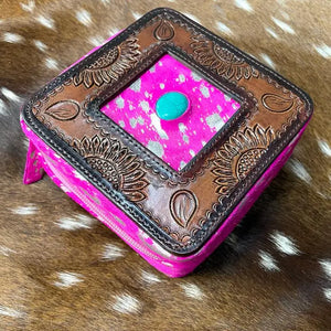 Pink Acid Wash Tooled with Stone Jewelry Box