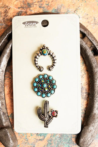 Concho and Cactus Turquoise Silvertone Pin Set