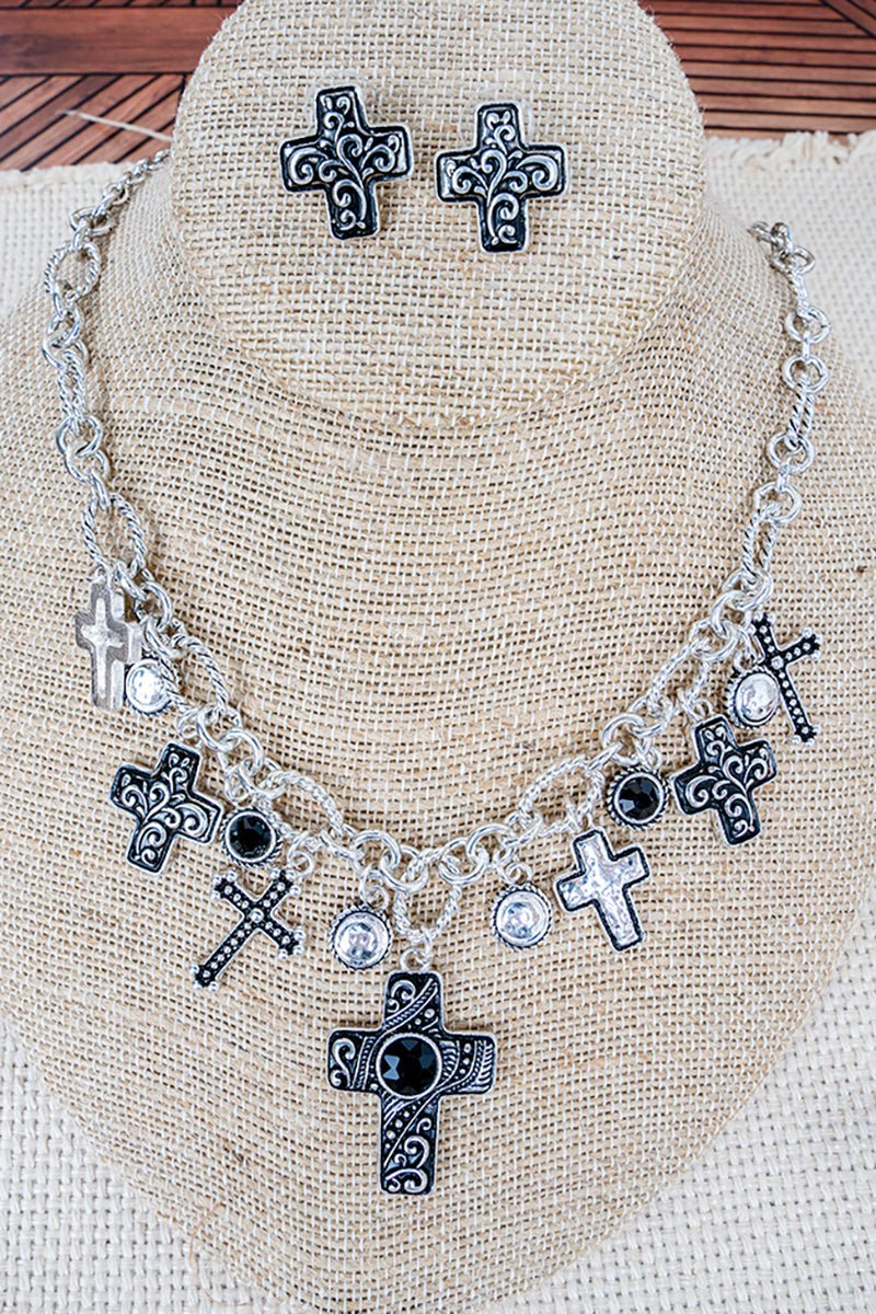Lassoed by Grace Black Crystal Silvertone Charm Necklace and Earring Set