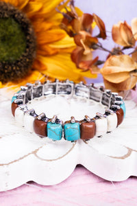 Maisie Turquoise and Brown Silvertone Stretch Bracelet