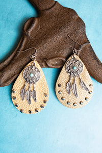 Faux Gold Leather Teardrop and Dreamcatcher Earrings