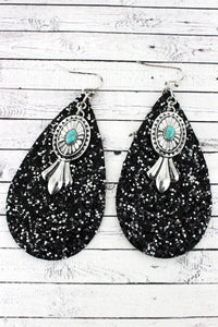 Black Glitter Teardrop Squash Blossom Charm Earrings