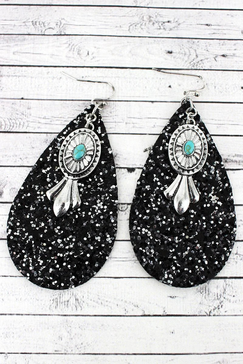 Black Glitter Teardrop Squash Blossom Charm Earrings