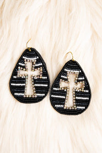 Black Tri-Color Seed Bead Crystal Cut-Out Cross Teardrop Earrings