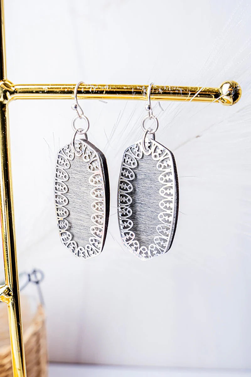 Gray Wood and Silvertone Layered Oval Earrings