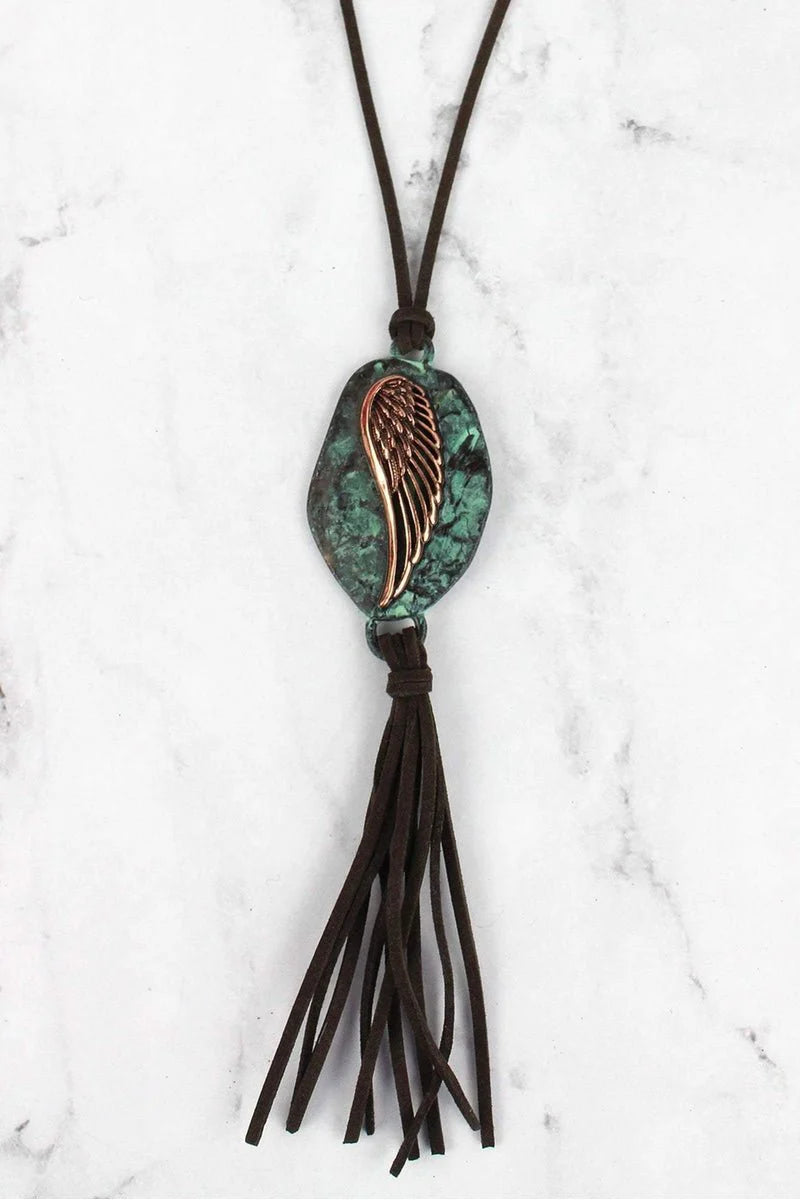 Patina and Coppertone Wing Tassle Necklace