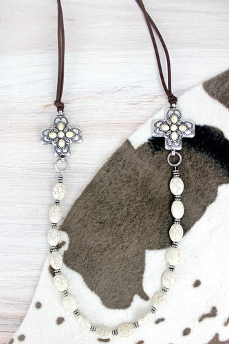 Howlite Beaded Double Square Cross Cord Necklace