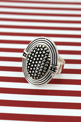 Antique Silvertone Framed Dot Oval Stretch Ring