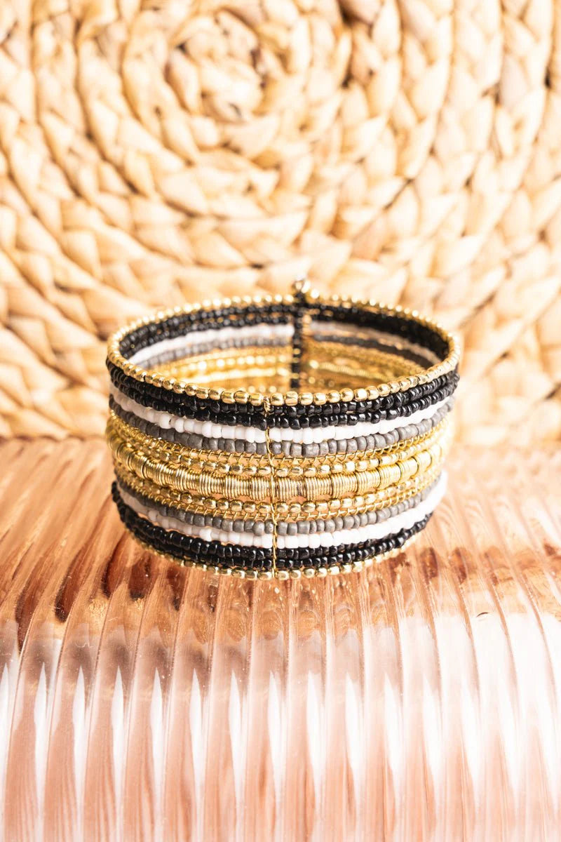 Black Goldtone Mixed Bead Overlap Bracelet