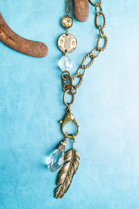 Burnished Brasstone Feather and Crystal Necklace