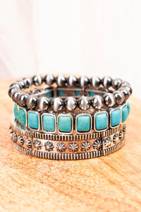 Turquoise Ridge Silver Pearl Bracelet Set