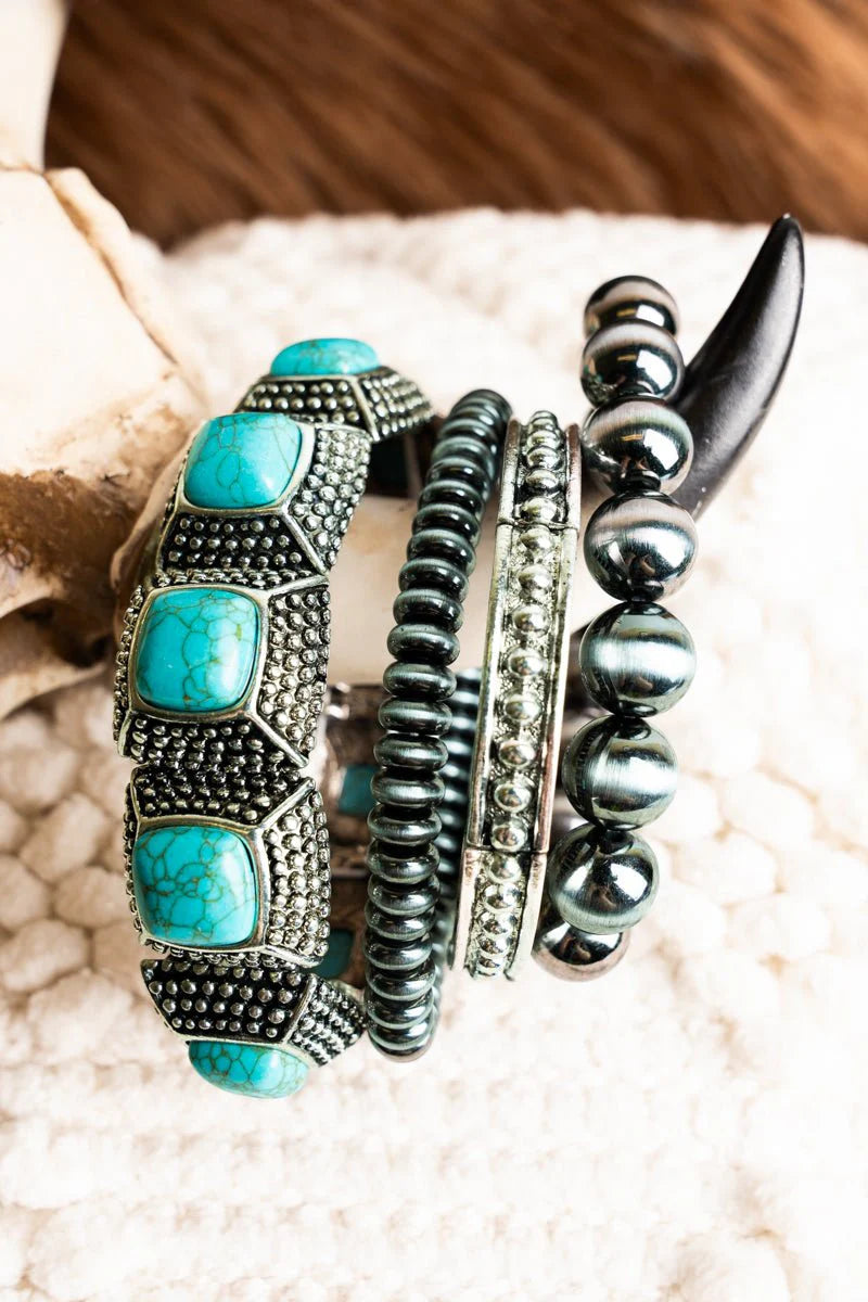 Turquoise Mystic Peaks Silver Pearl Bracelet Set