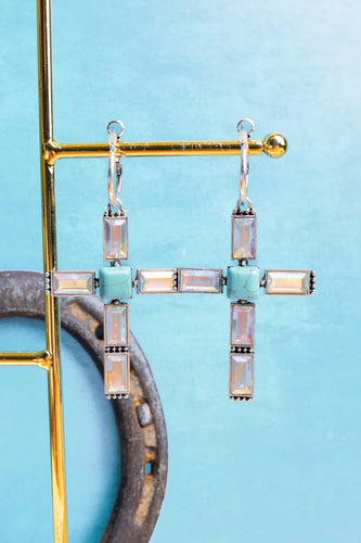 Crystal Cross Silvertone and Turquoise Earrings