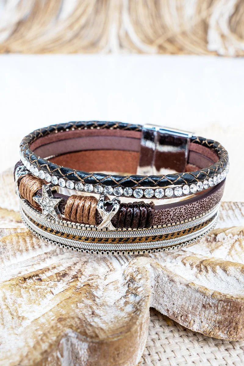 Brown and Silvertone Multi-Strand Magnetic Bracelet