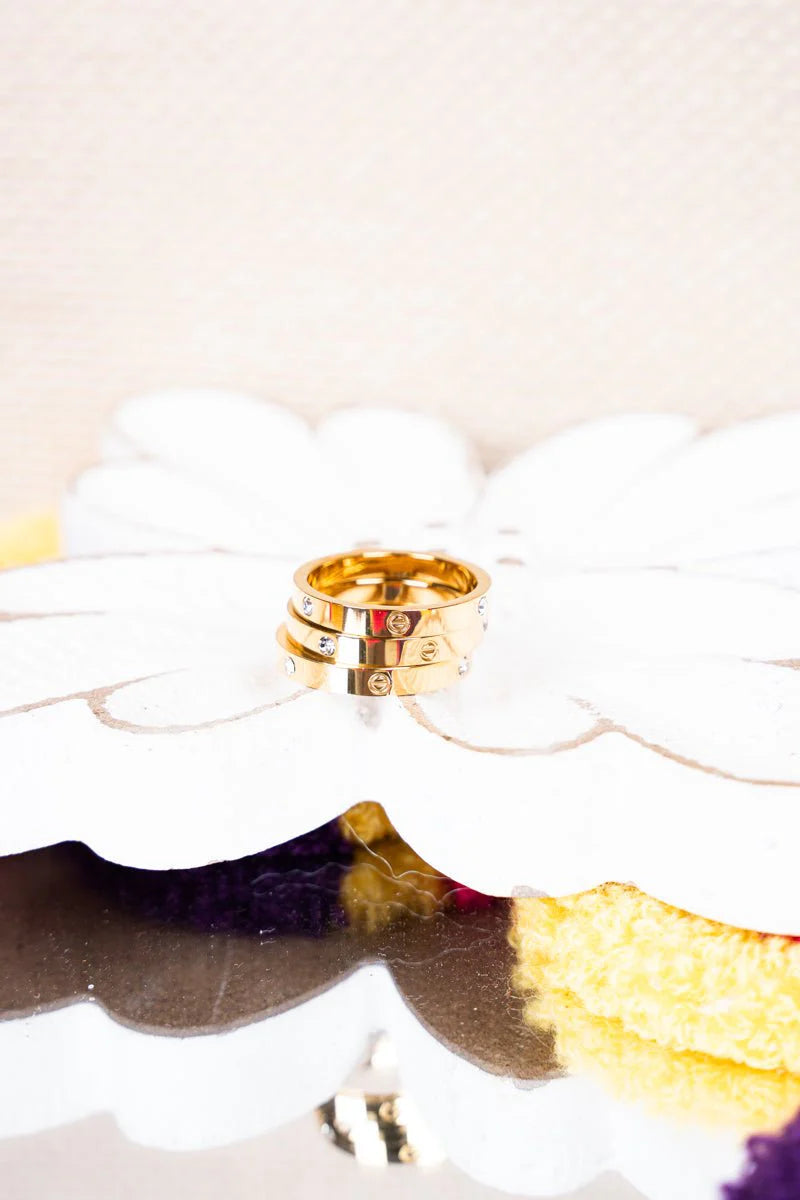 Goldtone and Crystal Band 3 Ring Set