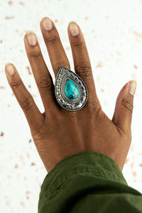 Turquoise Alberta Teardrop Silvertone Ring