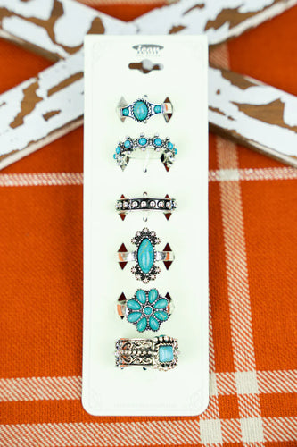 Turquoise Silvertone Ring 6 Piece Set