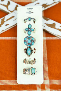 Turquoise Silvertone Ring 6 Piece Set