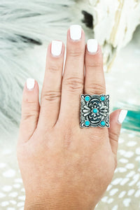 Coral Terrace Turquoise and Silvertone Cuff Ring