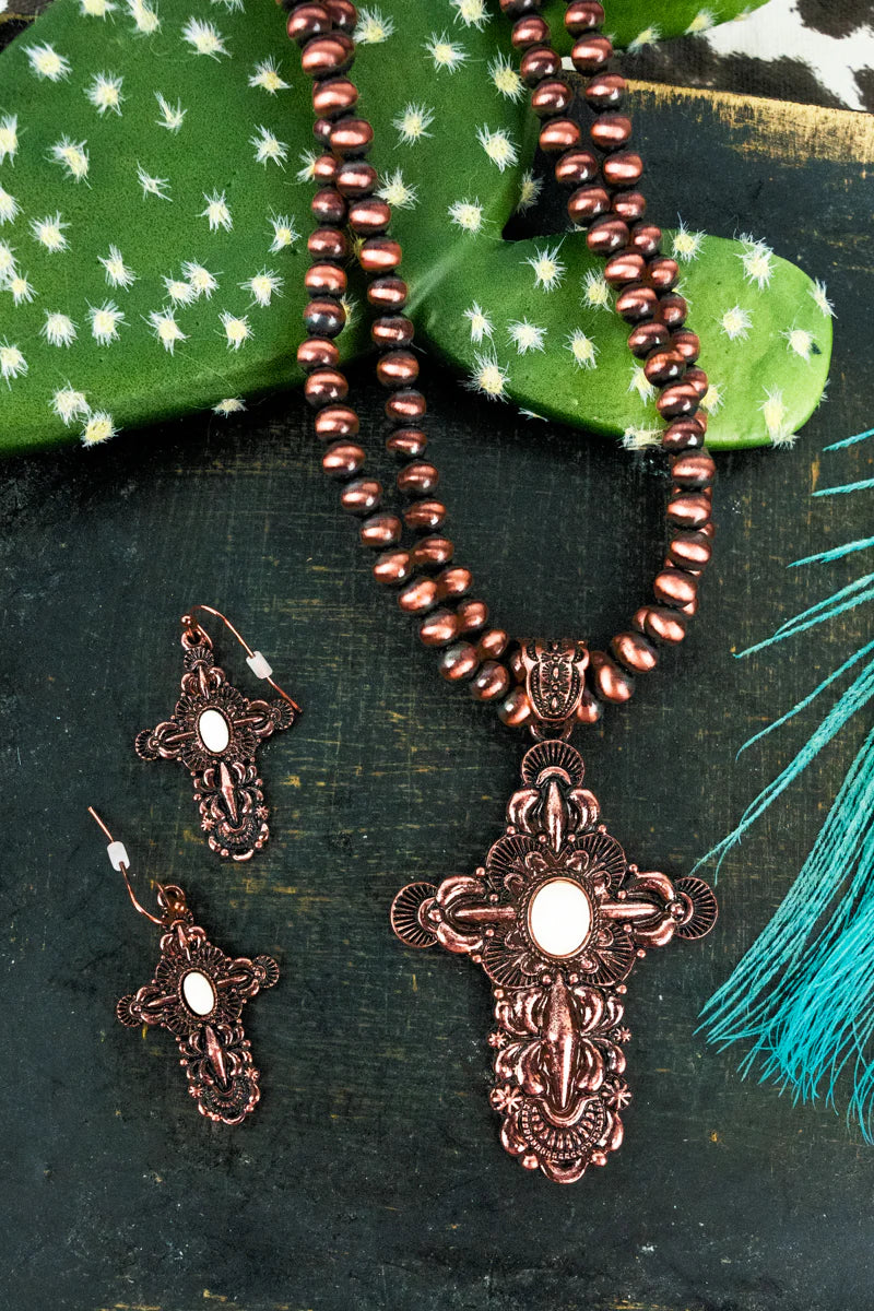 San Leanna Copper Pearl Cross Necklace and Earring Set