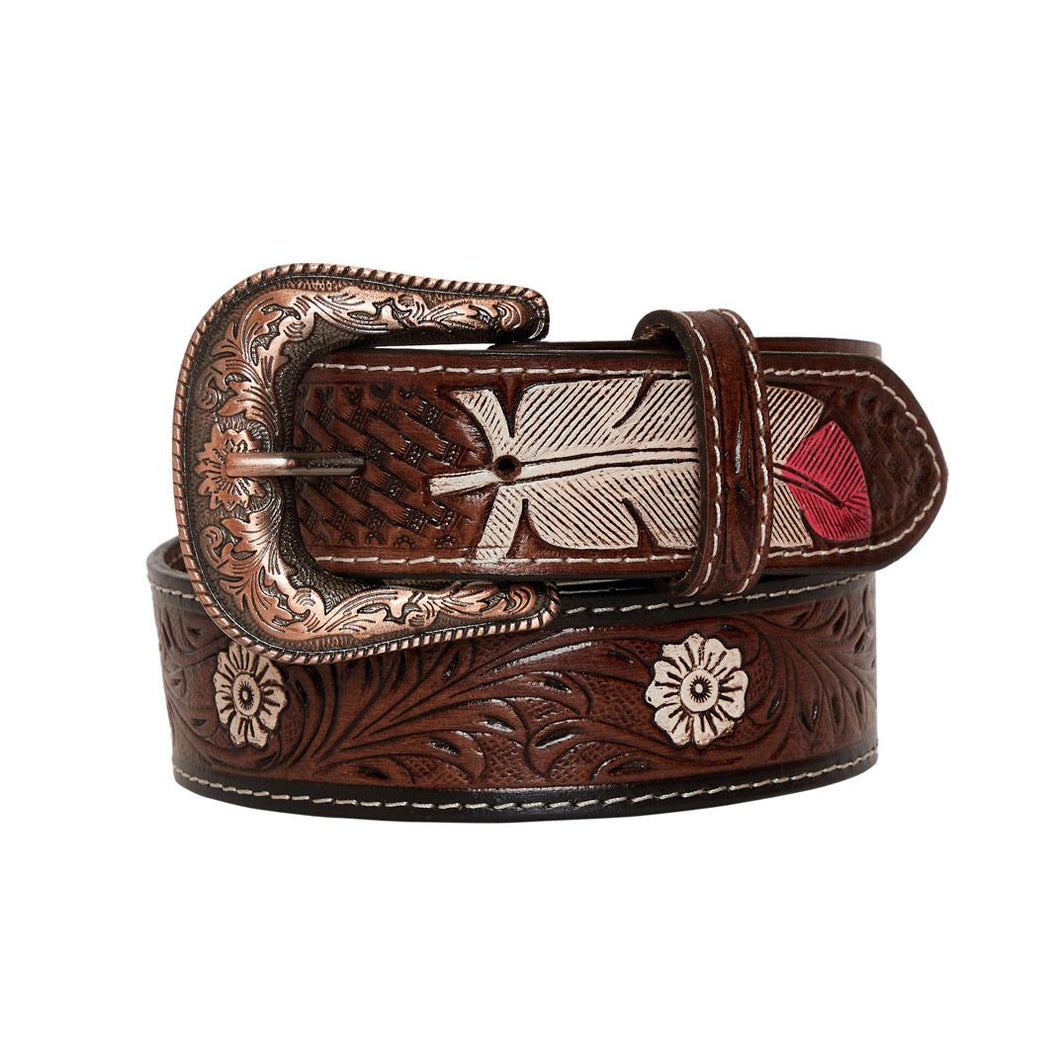 Pink Feather Hand-Tooled Leather Belt